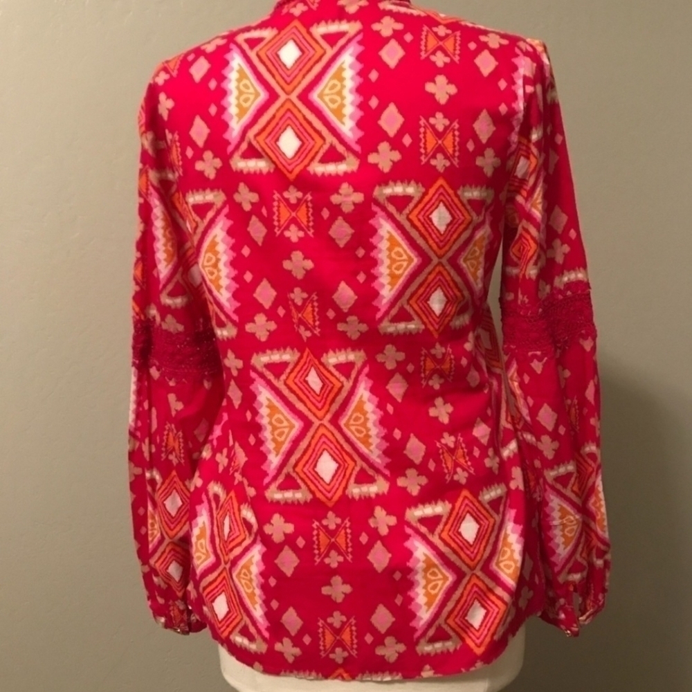 Tory Burch Crochet Tunic Top Tassels Pink Orange Women's 6 V-Neck 100% Cotton - Picture 3 of 9